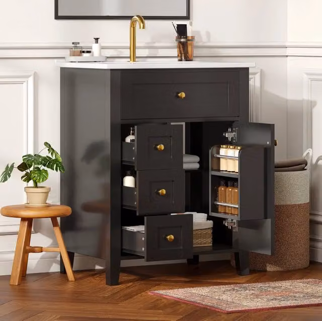 Mobile bagno con lavabo in ceramica 61x47x86 cm; MDF nero lucido con cassetti e anta