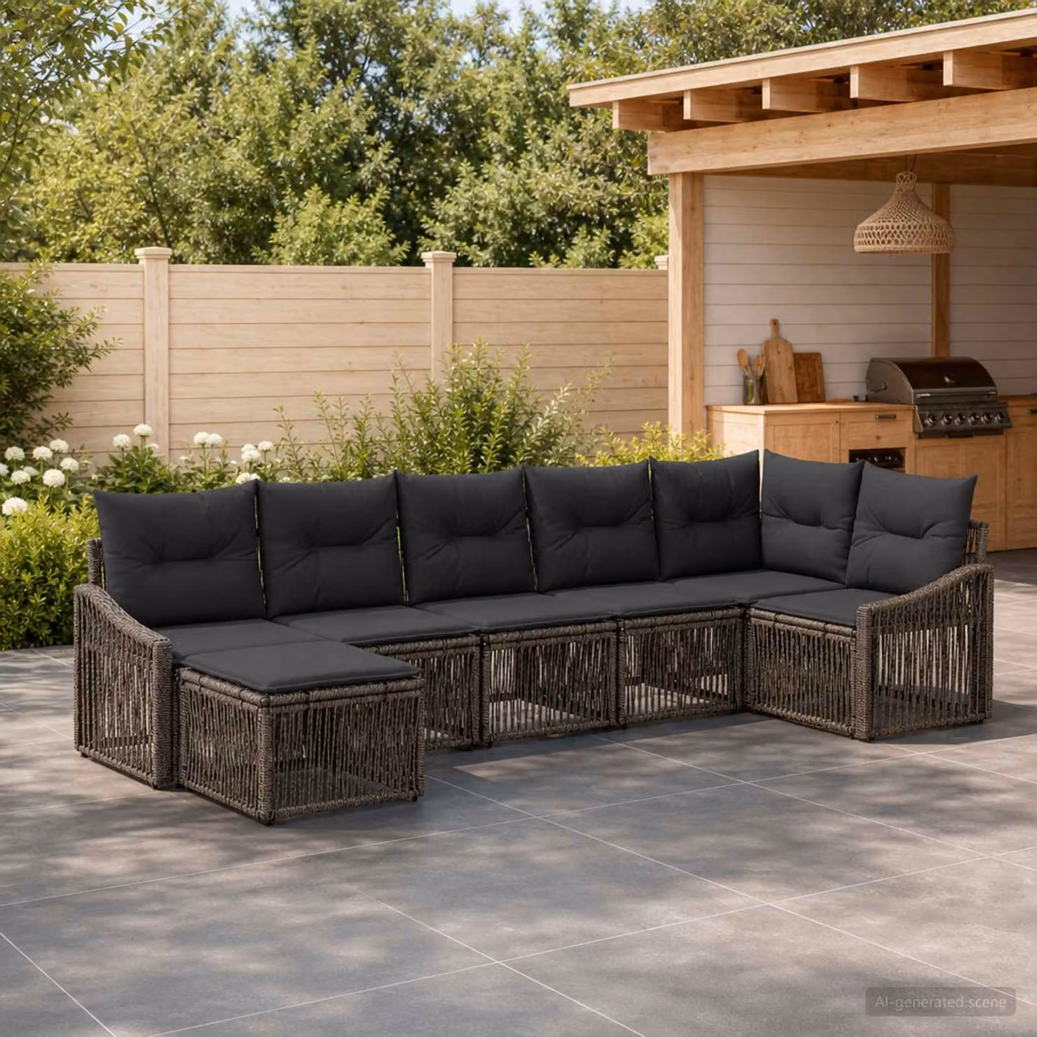 Set Divano da Giardino vidaXL 7 pz a forma a U in Polyrattan Grigio con Cuscini e Struttura in Acciaio
