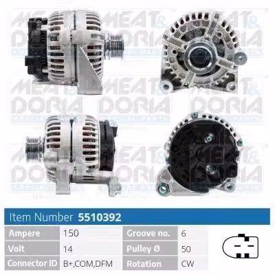 MEAT & DORIA 5510392 Alternatore 150 A 14 V per BMW Serie 3 Berlina (E46), Serie 5 Berlina (E60), Serie 5 Touring (E61), Serie 3 Touring (E46), X3 (E83) e Serie 7