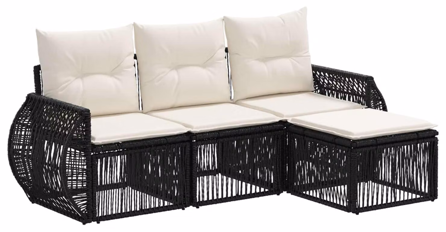 Set di divani da giardino, 4 pezzi, colore nero e crema, in rattan sintetico