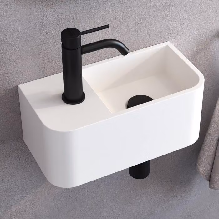 Lavabo in pietra Kronenbach, dimensioni 38 x 19 cm, posizionato a destra con foro per il rubinetto