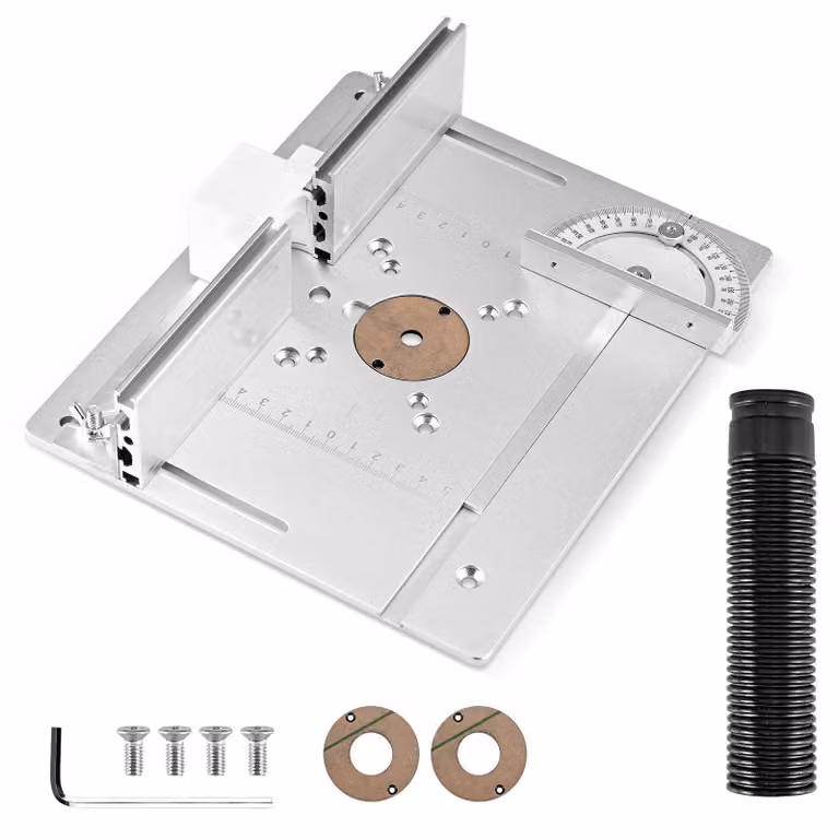 Piatto di supporto per fresatrice - Inserti per piano di lavoro per router - Adatto per banchi da lavoro in legno e seghe circolari - Con guida angolare - Guida in alluminio - Colore nero