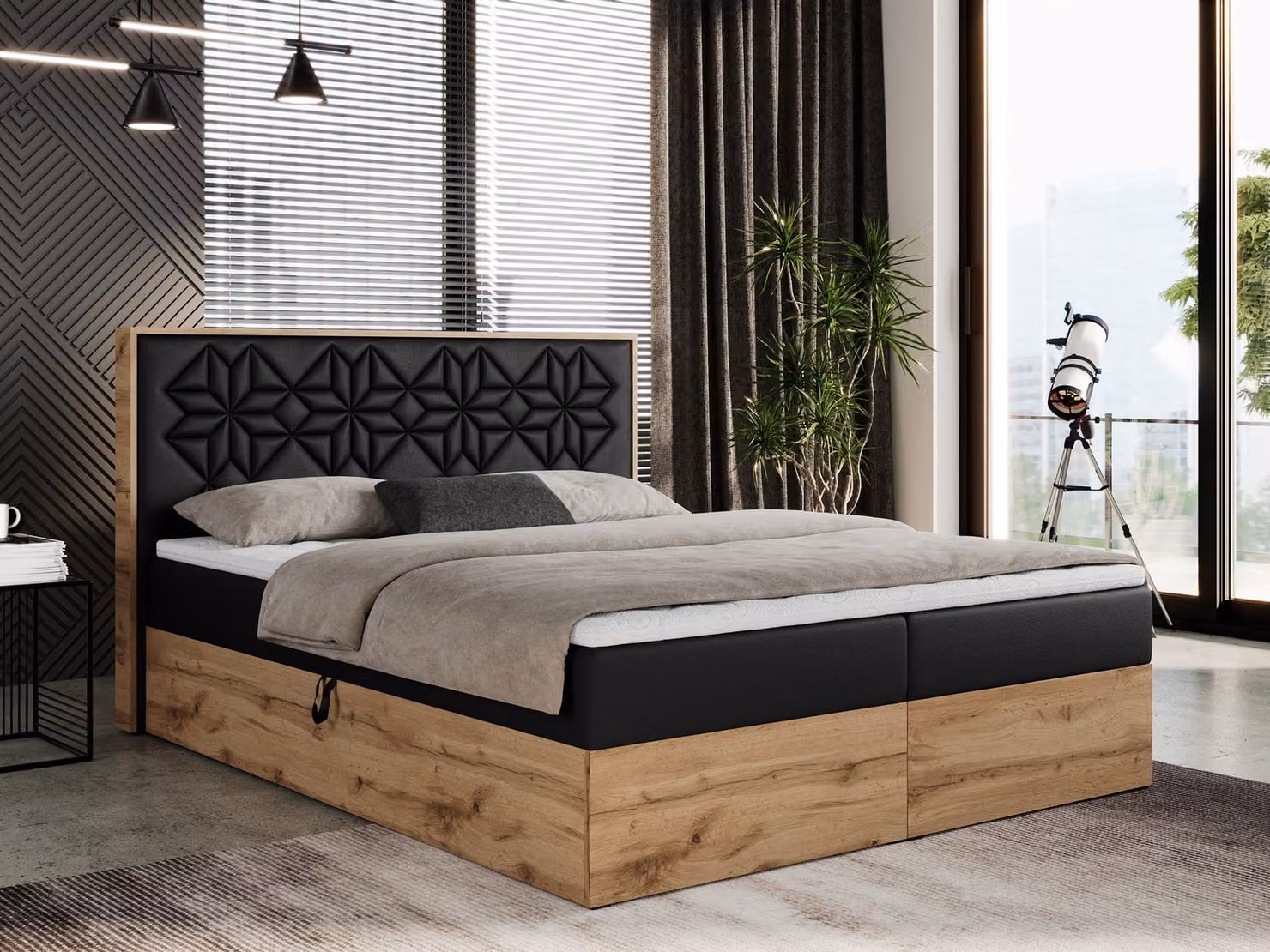 Letto con rete a molle 180x200 con contenitore, letto imbottito 180x200 con materasso H3, letto con rete a molle 180x200 con testiera, letto con rete a molle con struttura in legno massello - Modello Nessi - Finitura: ecopelle nera - Materasso H3