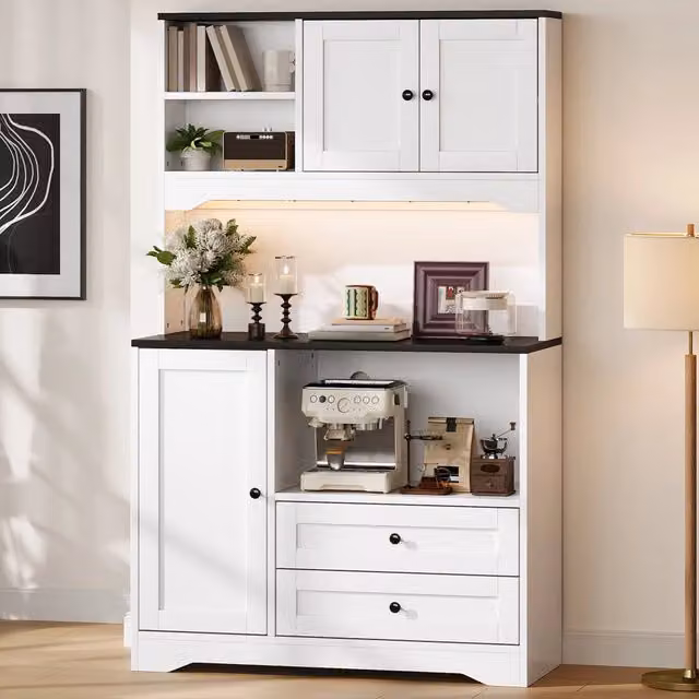 Colonna da cucina con LED e presa USB con 2 cassetti ripiani regolabili vano microonde in MDF bianco 100 × 40 × 163 cm