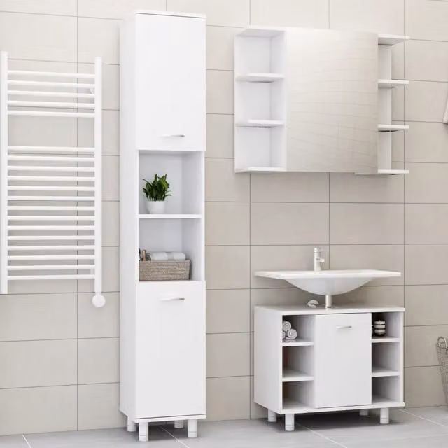 Set di mobili da bagno moderno vidaXL in 3 pezzi bianco opaco con armadietto alto, mobile lavabo e specchiera in legno e MDF
