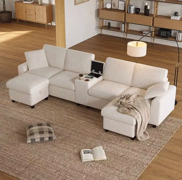 Divano U 315x135x81 cm con 1 USB; 2 Type-C; 2 prese; corduroy beige