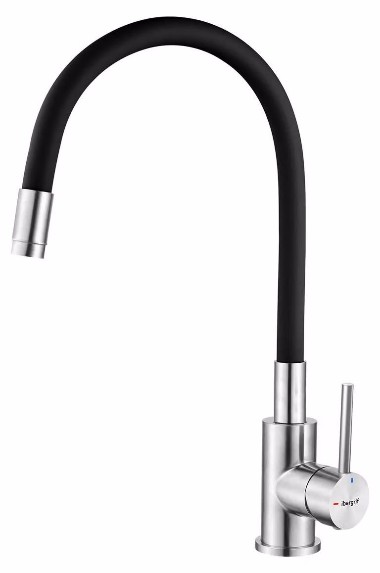 Rubinetto da cucina con rotazione a 360°, tubo flessibile in silicone nero, acciaio inossidabile