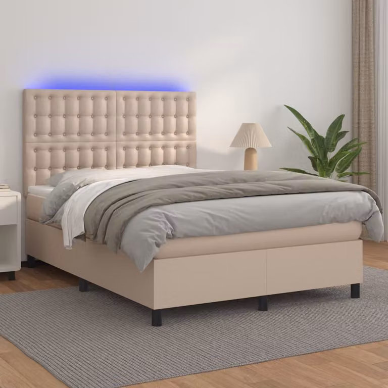 Letto con giroletto a molle e materasso vidaXL, colore cappuccino, con illuminazione LED e porta USB, L/P: 140 x 190 cm