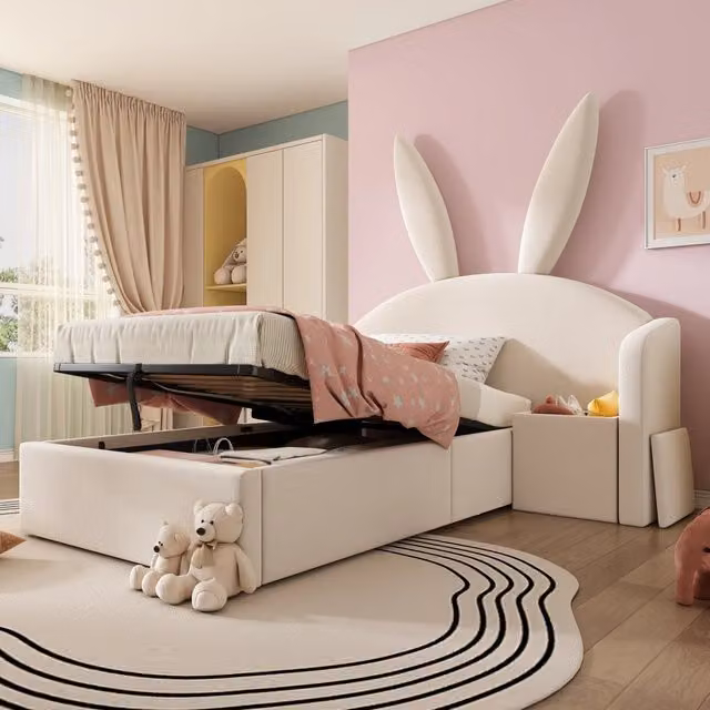 Letto imbottito contenitore con apertura idraulica; comodino e orecchie da coniglio; velluto beige; 90 x 200 cm