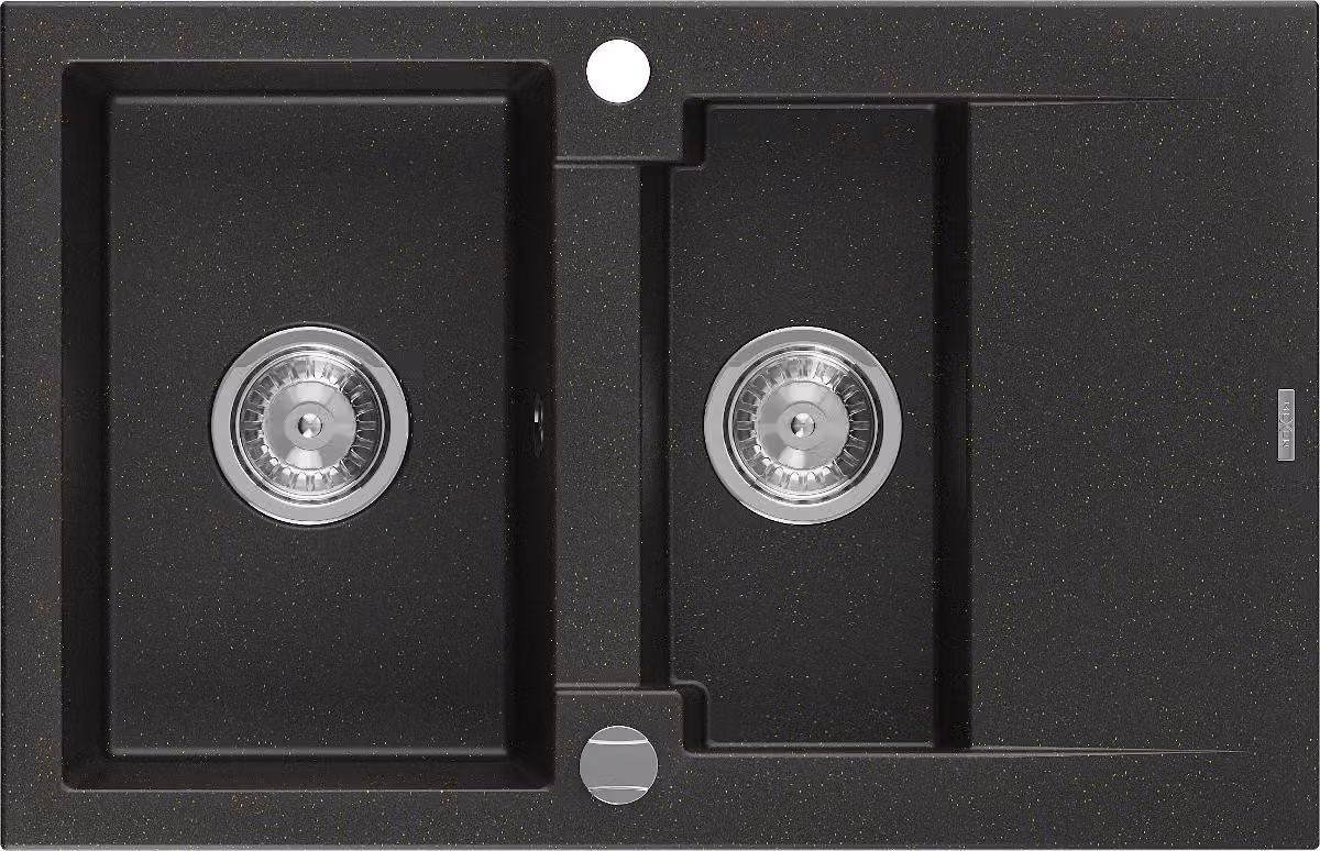 Mexen Gaspar lavello in granito 1,5 vasca con scolapiatti 737 x 475 mm, nero/oro metallizzato, sifone cromato - 6507731505-75
