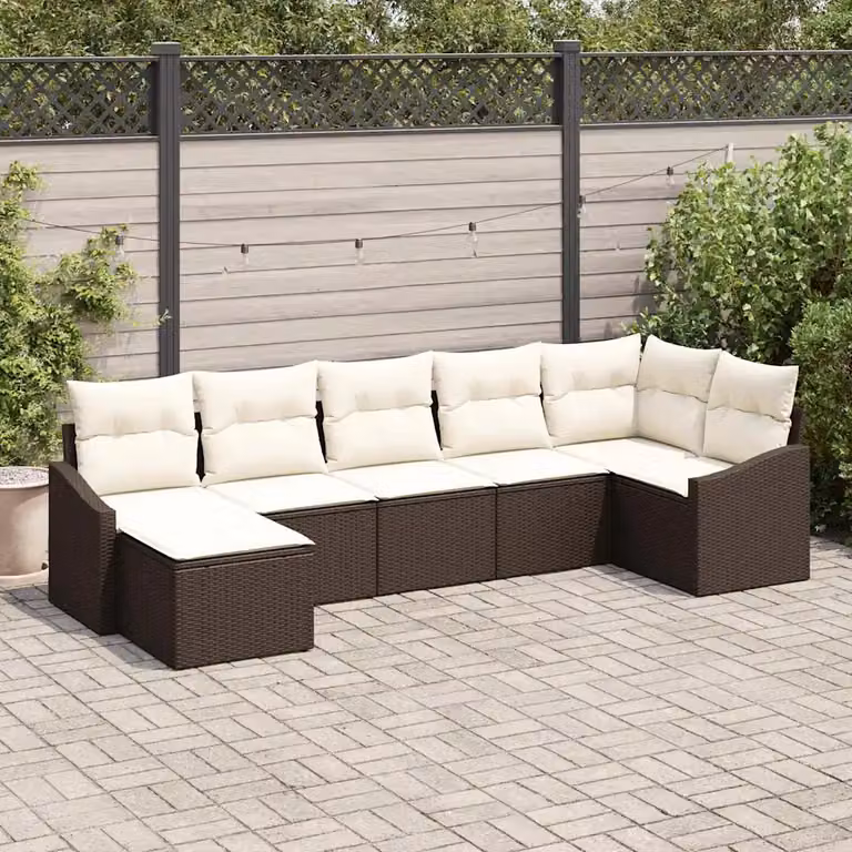 Set di divani da giardino vidaXL 7 pezzi in rattan marrone con cuscini beige e tavolino da esterno
