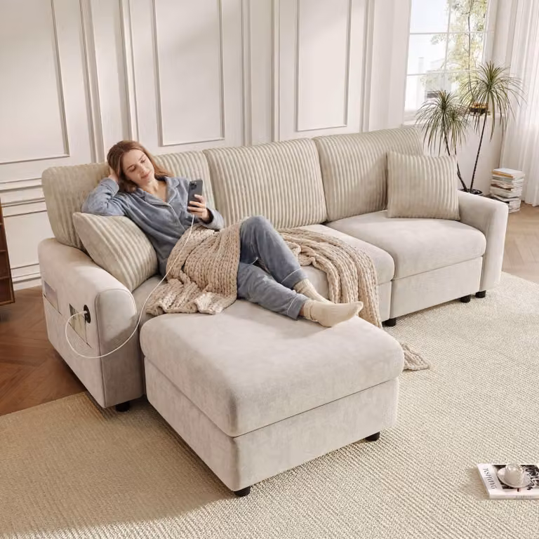 Merax Divano moderno a 3 posti, divano ad angolo a L con poggiapiedi, divano in ciniglia, porta USB Type-C, con cuscini, divano grande da salotto, beige