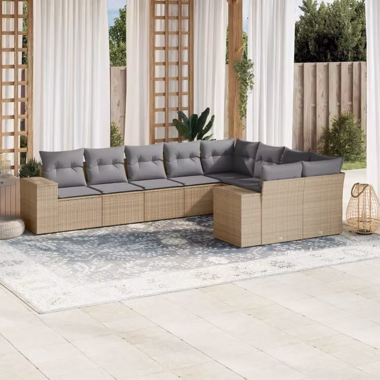 vidaXL Set Divano da Giardino a L 9 pz con Cuscini Beige e Grigio in Polyrattan e Metallo