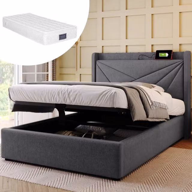Letto singolo contenitore 90×200 cm con USB e porta Type-C, materasso incluso, testiera imbottita in lino, grigio
