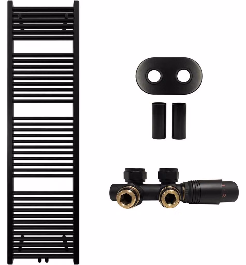 Set radiatore per bagno Lincoln - riscaldamento centralizzato - attacco centrale da 50 mm - 559W - nero opaco - 1800x500 mm