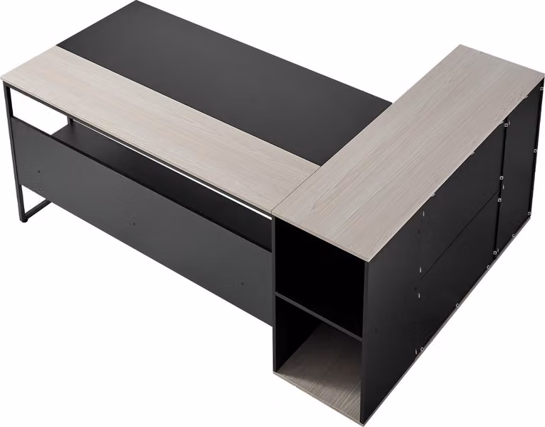 SucceBuy Scrivania direzionale a L con ampio spazio di archiviazione, cassetti, armadietto e supporto per CPU, robusta scrivania in legno con una capacità di carico di 158,7 kg, ideale per il lavoro d'ufficio, lo studio e la scrittura