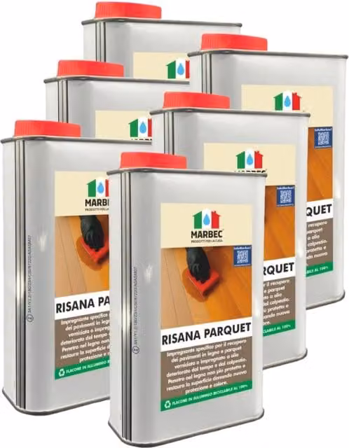 Impregnante rigenerante Marbec per pavimenti in legno interni, olio protettivo e rinnovatore, confezione da 6 x 1 l