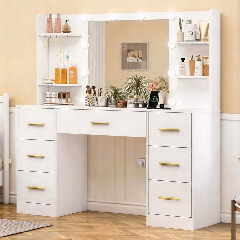 Comò da trucco con luci LED e prese di corrente, grande specchio, 7 cassetti, 6 ripiani aperti, 5 ganci per gioielli, colore bianco