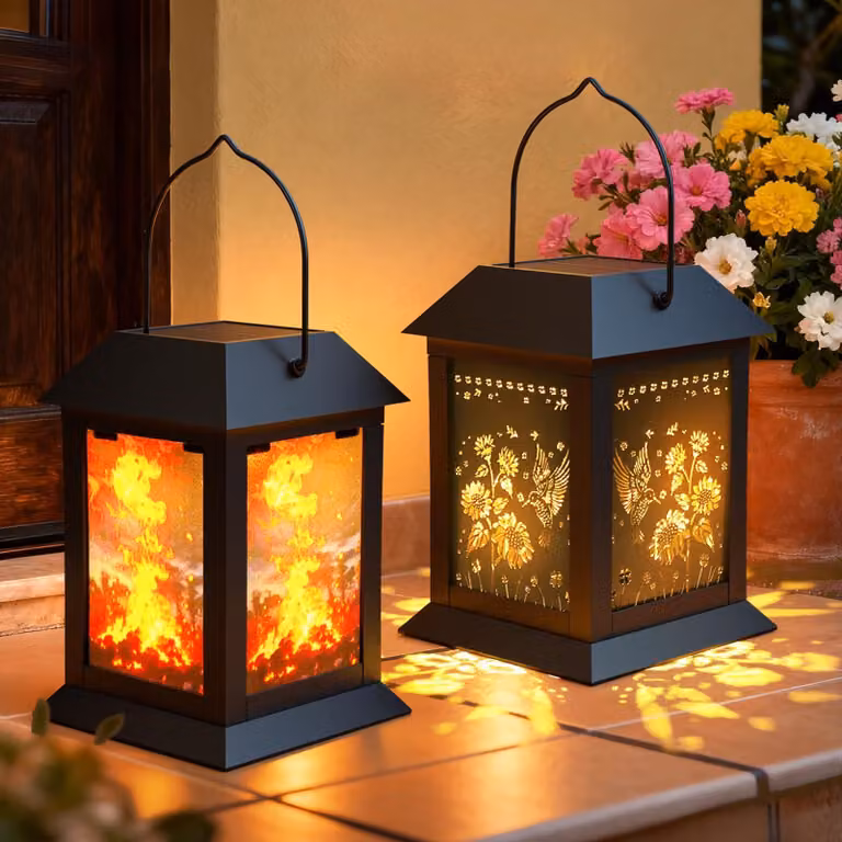 Set di 2 lampade solari con effetto fiamma, grado di protezione IP54, ideali per giardino e terrazza