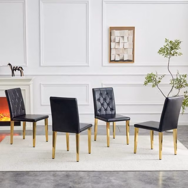 Set di 4 sedie da pranzo Zephmum moderne in ecopelle nera con gambe in metallo oro lucido