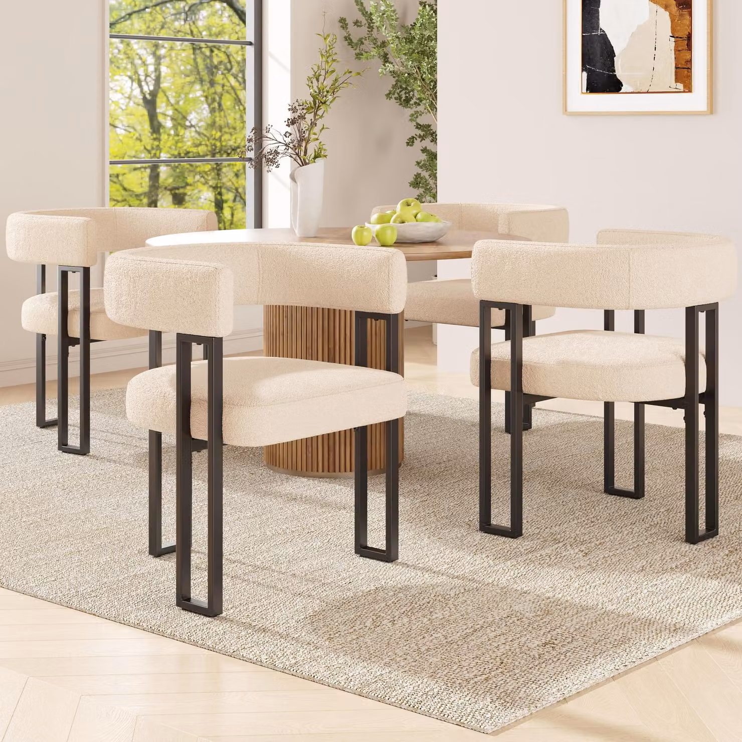 Set di 4 sedie da pranzo Flieks, sedia da pranzo in tessuto di agnello, sedia da cucina imbottita con schienale, beige