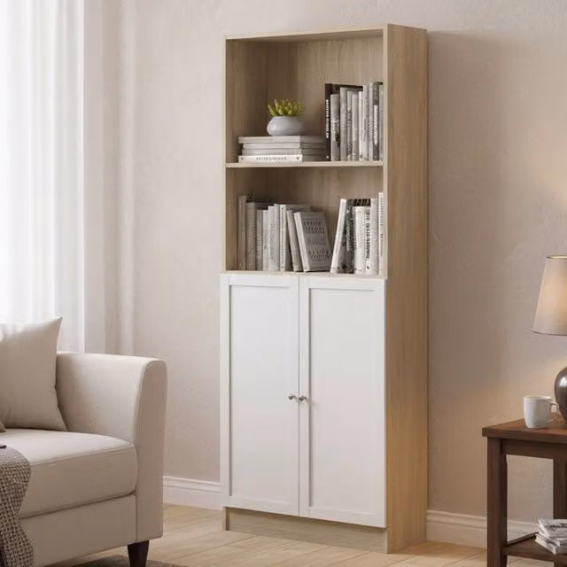 Libreria Michel DMORA, Scaffale da ufficio e mobile portalibri moderno in legno e MDF, Colore Marrone e Bianco, L 79 cm x P 28,3 cm x H 203,2 cm – 1