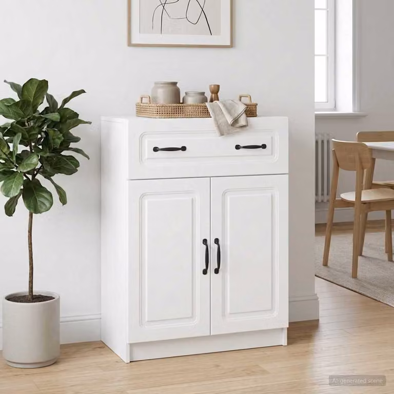 Credenza moderna vidaXL in legno ingegnerizzato e metallo, Bianco opaco, L: 66 cm, P: 34,5 cm, H: 87 cm