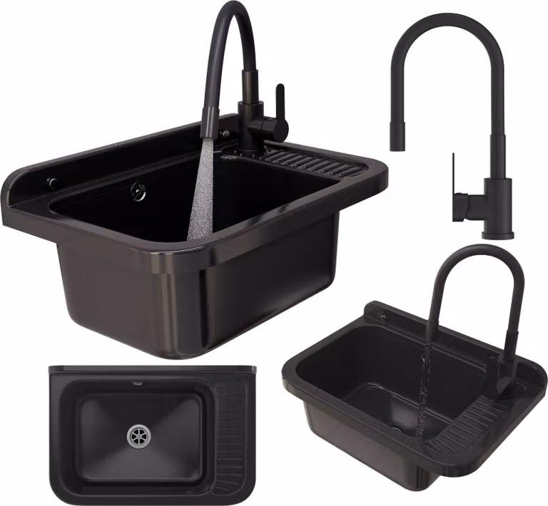 Granitan - Lavatoio - Lavandino 50,8x33,8 cm - Lavello nero - con miscelatore GRADO e sifone - POLO