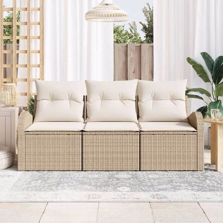 Set Divano da Giardino 3 pcs Beige e bianco Poly Rattan