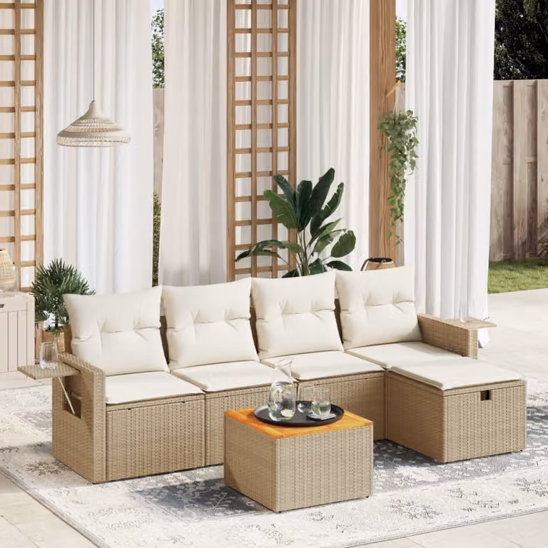 Set Divano da Giardino 6 pz vidaXL con Cuscini Beige e Tavolino, Design Moderno a L in Polyrattan e Acciaio