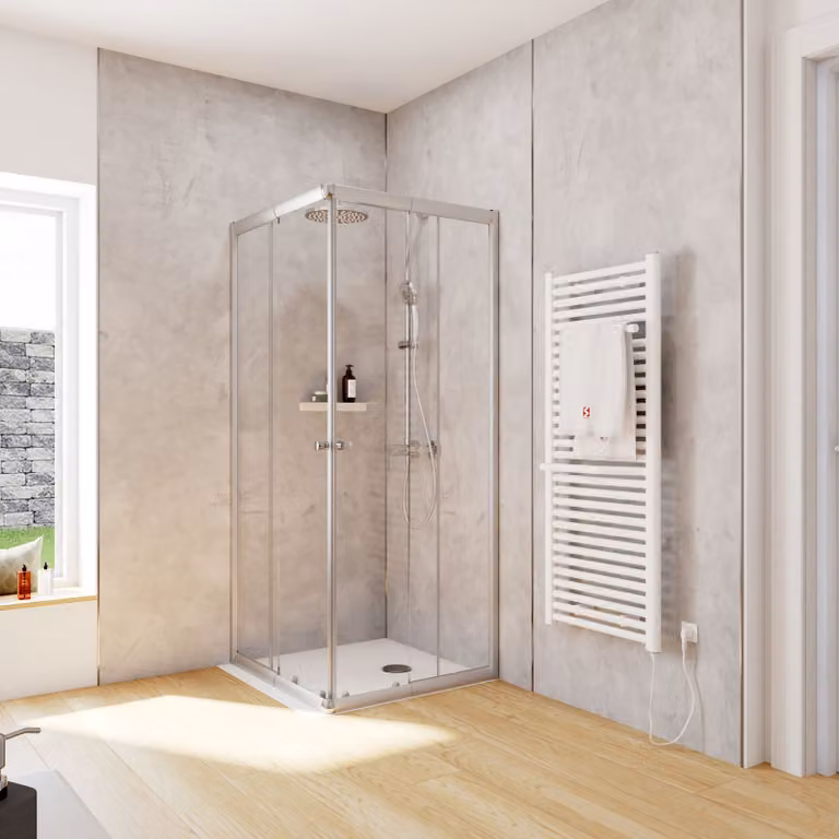 Cabina doccia Schulte Corner con ingresso angolare e porte scorrevoli, installazione su piatto doccia o piastrelle, vetro di sicurezza temperato da 4 mm, altezza: 180 cm, 80 x 75 cm, colore del profilo: argento, tipo di vetro: trasparente chiaro