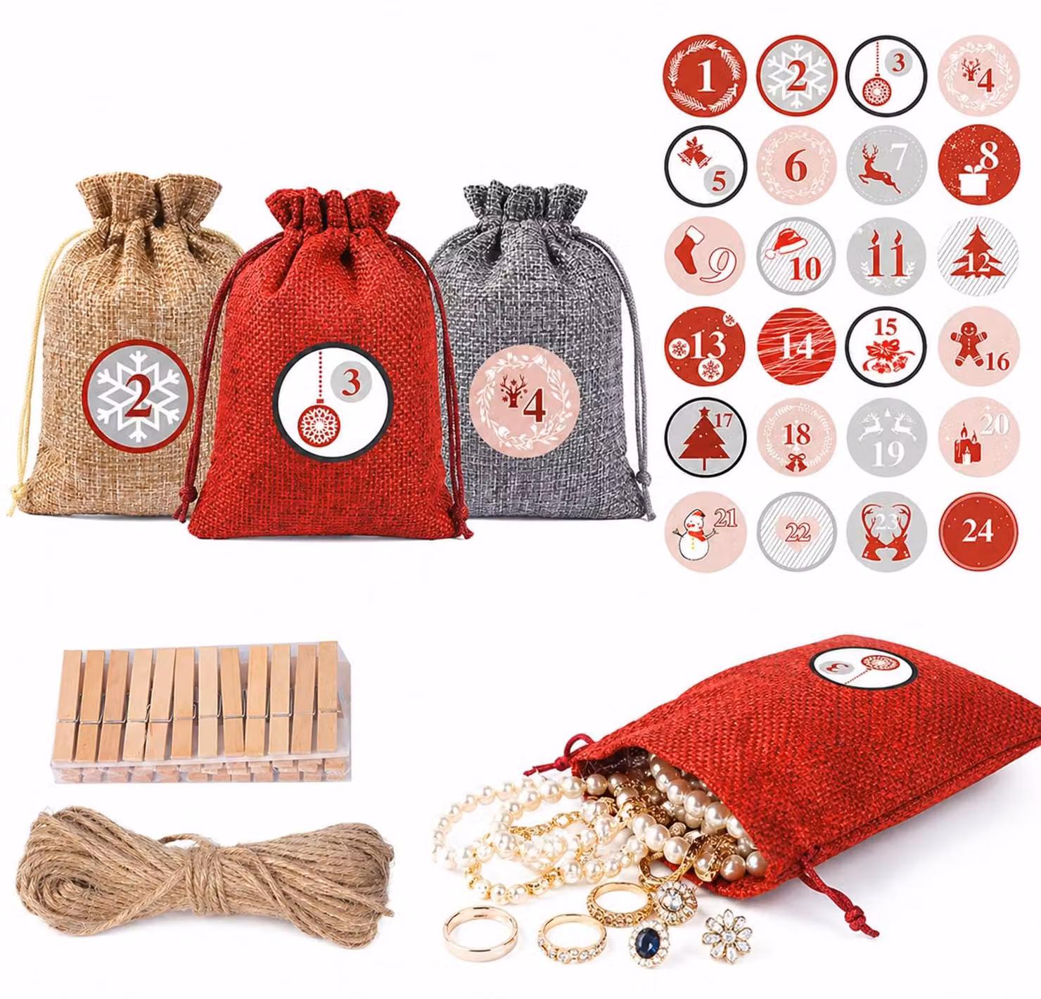 Kit per creare un calendario dell'Avvento fai-da-te: 24 sacchetti di cotone di 10x14 cm con accessori