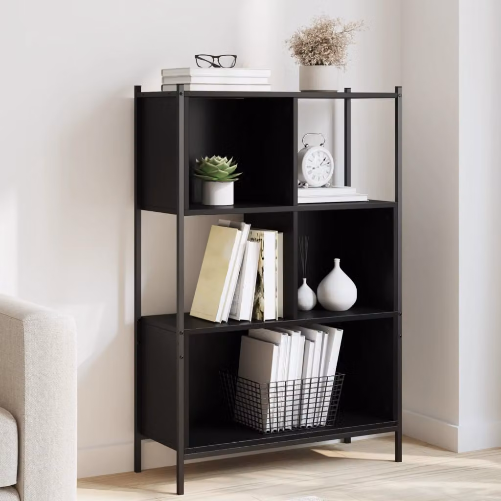 Libreria moderna vidaXL nera in legno e metallo con pannello posteriore L: 72 cm, P: 28 cm, H: 109 cm