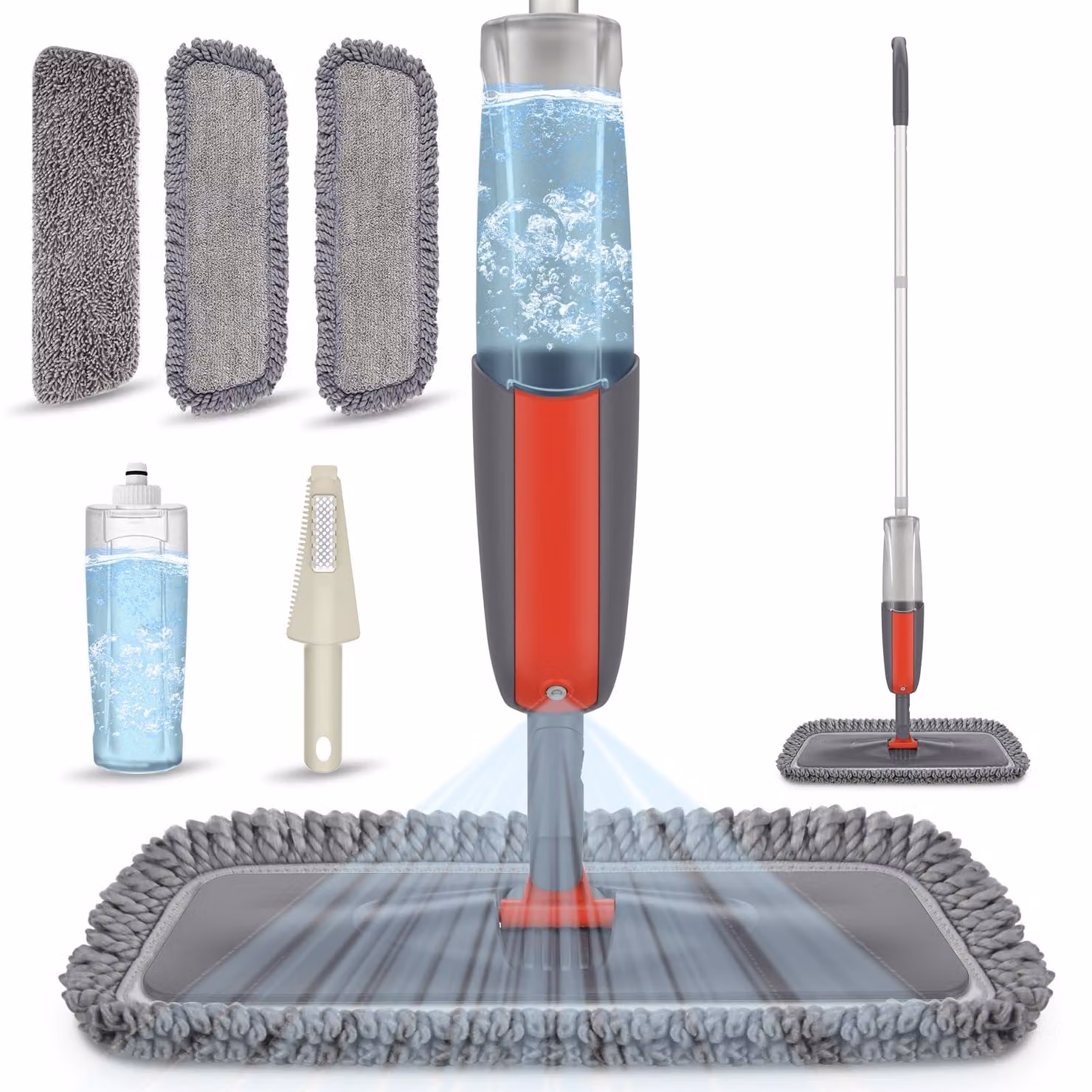 Mocio spray con 3 tamponi in microfibra, flacone da 410 ml, ideale per pavimenti duri