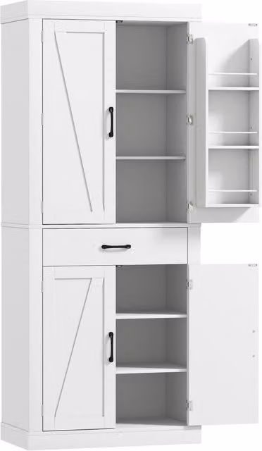 Dispensa Cucina in Stile Country 76x39,5x183,5 cm con 2 Armadietti 6 Ripiani e Cassetto in Legno Bianco