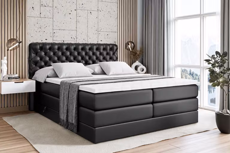 Letto boxspring ALTDECOR con 2 materassi e topper - 160x200 cm - BOXI8 KING - Pelle finta nera - Letto imbottito con materassi H3 e H4, contenitore e rete a doghe, letto con spazio contenitivo