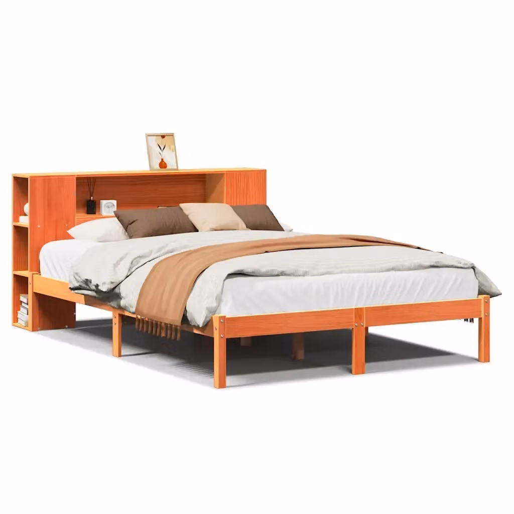Letto Libreria vidaXL in Legno di Pino Massiccio Marrone Cera con Ripiani Laterali L/P/H: 229.5 x 146.0 x 82.0 cm (140x200 cm) – 2
