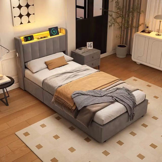 Letto singolo imbottito 90x190 cm in velluto con contenitore idraulico, LED e porte USB