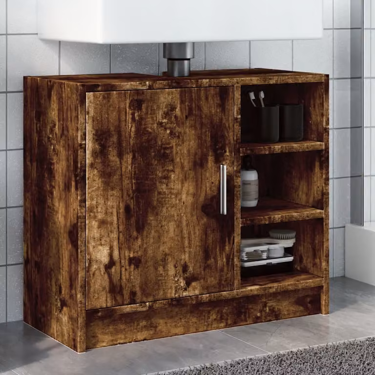 Mobile Lavabo vidaXL in Rovere Fumo, Design Moderno con Ripiani e Ante, L/P/H: 63 x 29 x 55 cm