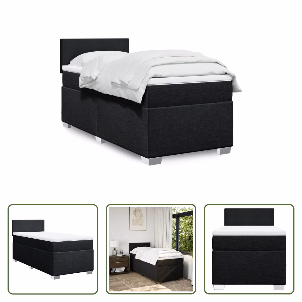 The Living Store Letto a molle con materasso nero 90x190 cm in tessuto