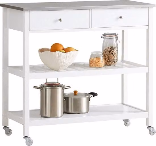 Carrello da Servizio - Trolley da Cucina con 2 Lati - Acciaio Inossidabile - MDF - Bianco - 100x45x92 cm