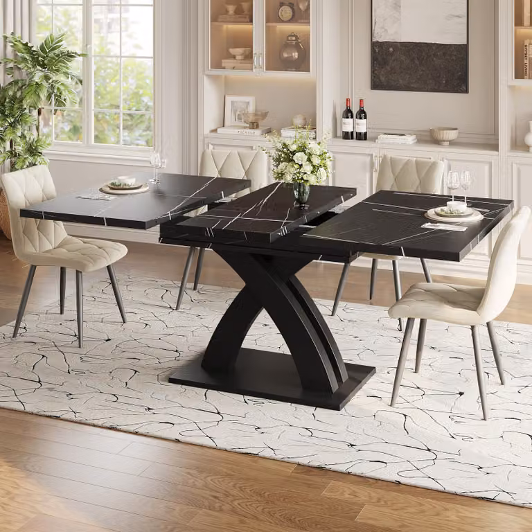 MODFU Tavolo da pranzo allungabile in legno per cucina con montanti a croce a forma di X, design del piano allungabile e superficie allungabile, nero