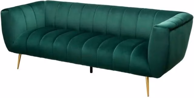 Divano moderno Meublorama in velluto verde e oro con struttura in legno e metallo