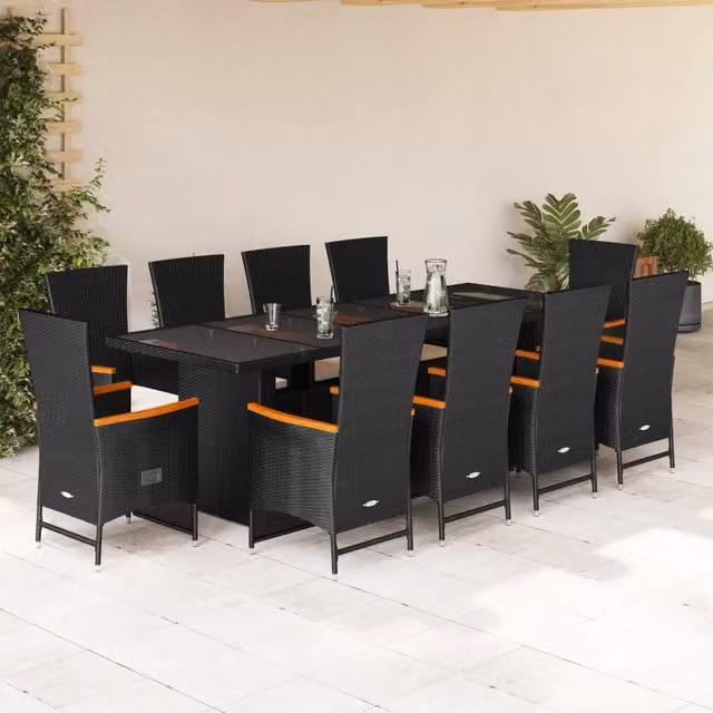 Set da pranzo da giardino vidaXL in polyrattan e legno di acacia con cuscini, 11 pezzi, nero e bianco