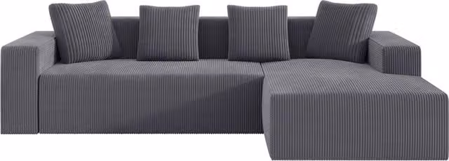 Divano angolare a L da 3 posti in velluto a coste grigio con 4 cuscini, L 261 x P 165 x H 85 cm – 1