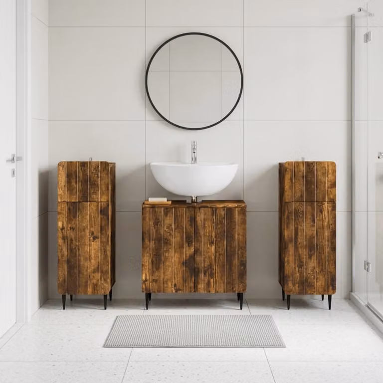 Set di armadietti da bagno vidaXL ZWOLLE in 3 pezzi, Rovere Fumo, design minimalista con ante a cerniera e ripiani interni, L/P/H: 59,5 x 31,5 x 59,0 cm