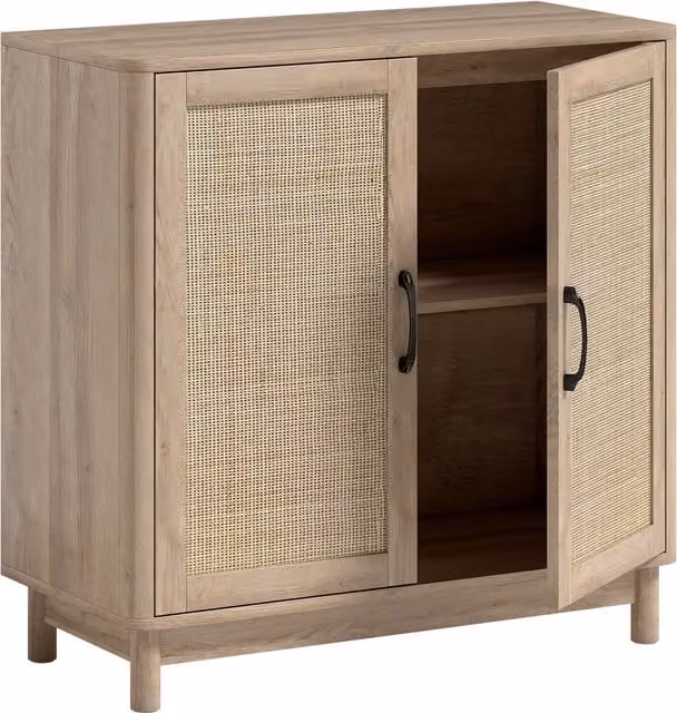 Buffet HOMCOM per soggiorno in rovere con ante in rattan e mensola regolabile, L: 76 cm, P: 35 cm, H: 75,5 cm – 1