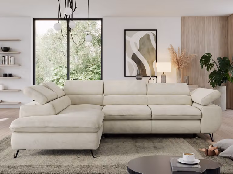 Divano angolare con rete, poggiatesta regolabili, funzione sleep, divano angolare a L - PEDRO L - Velluto - Beige - Sinistra