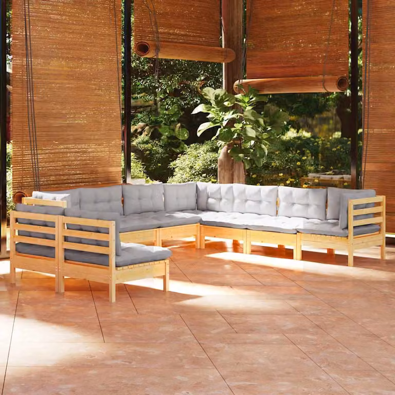 Set di divani da giardino vidaXL a forma di L in legno massello di pino con cuscini grigi 9 pz