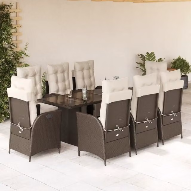 Set da Pranzo da Giardino vidaXL in Polyrattan Marrone e Bianco con Tavolo in Vetro e 9 Sedute